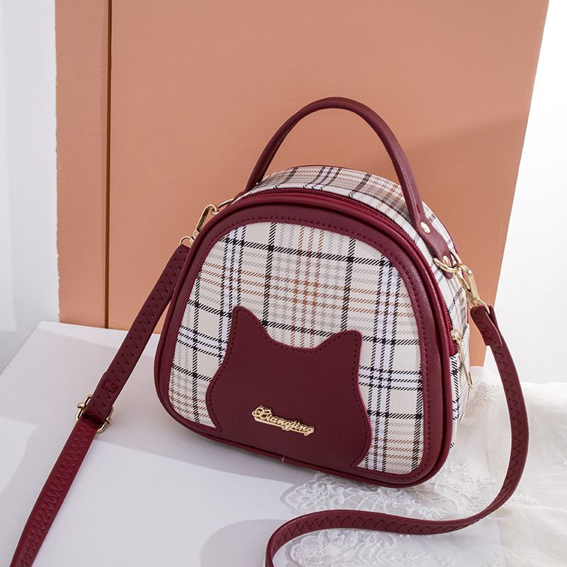 Borsa a tracolla casual con etichetta a forma di faccia di gatto a quadri a contrasto, stile 2024, da donna, regalo per telefono_voghion.com