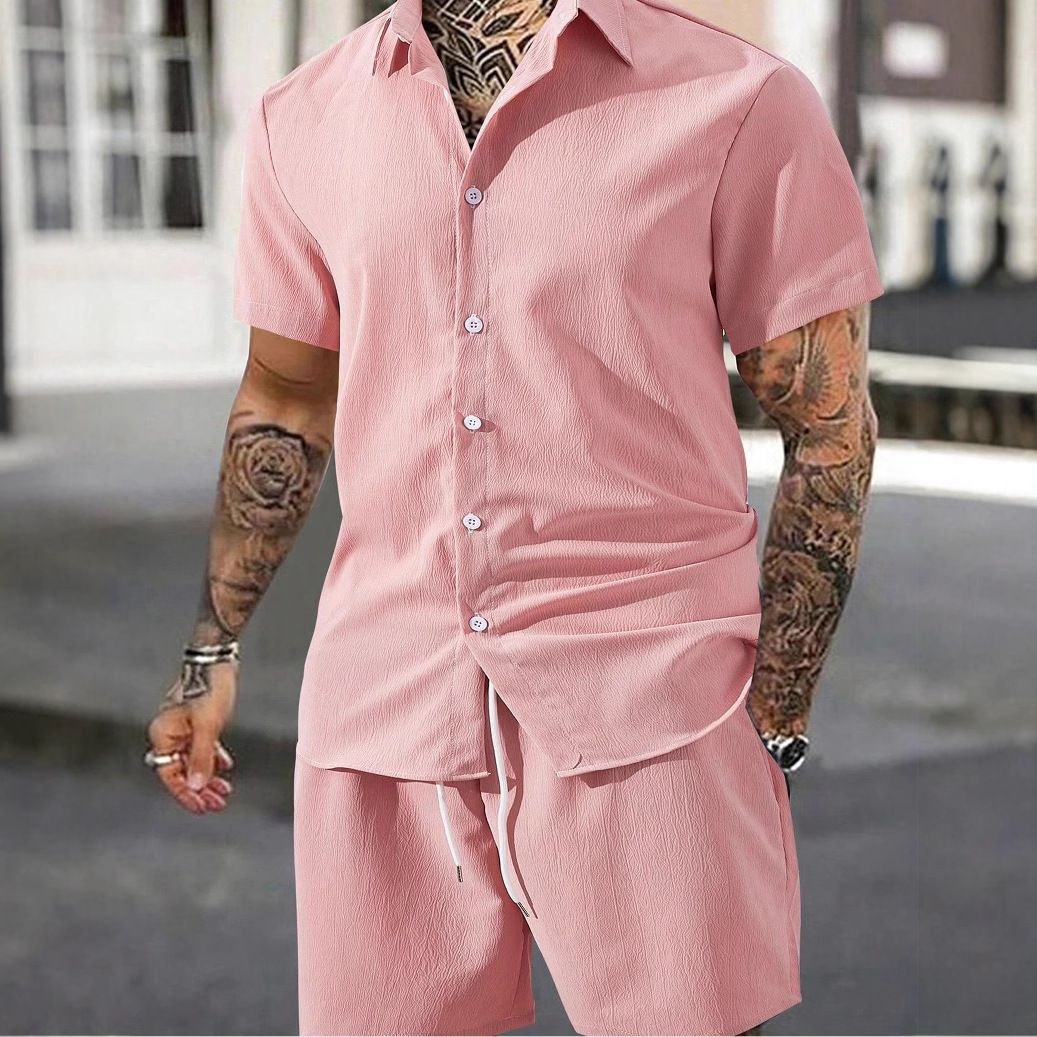 Herrenbekleidung Sommer Kurzarm Shorts Anzug Sport Freizeit Urlaub Zweiteiliger Anzug_voghion.com