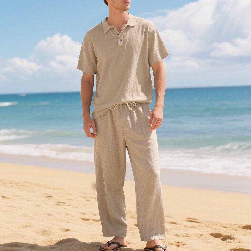 Summer And Autumn American Loose Men's Beach Linen Breathable Casual Large Size Lapel Trousers Suit_voghion.com
