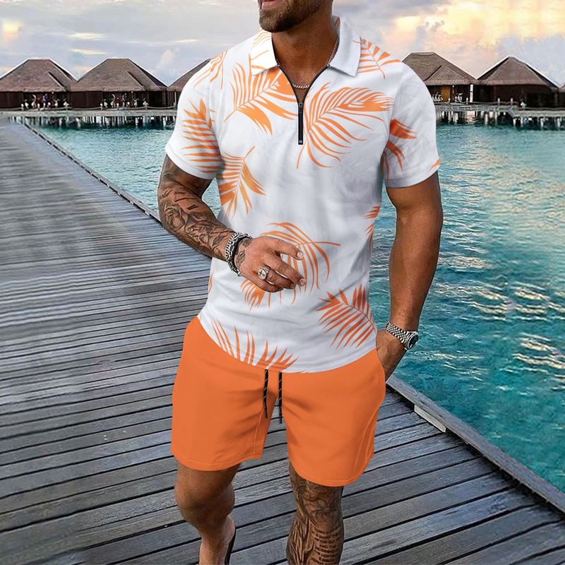 Conjunto de praia masculino - Camisa polo com estampa digital e shorts combinando com zíper | Look casual de verão_voghion.com
