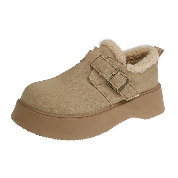 Tênis plataforma macios para mulheres - Sapatos quentes de inverno sem cadarço com forro de pele sintética, botas casuais de bico redondo sem cadarço para uso diário_voghion.com