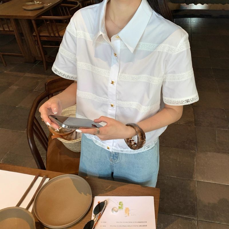 CE25SS Early Autumn New Arc De Triomphe Pattern Trim Patchwork Short Sleeve Shirt Heavy Craft Positioning Lace Strip_voghion.com