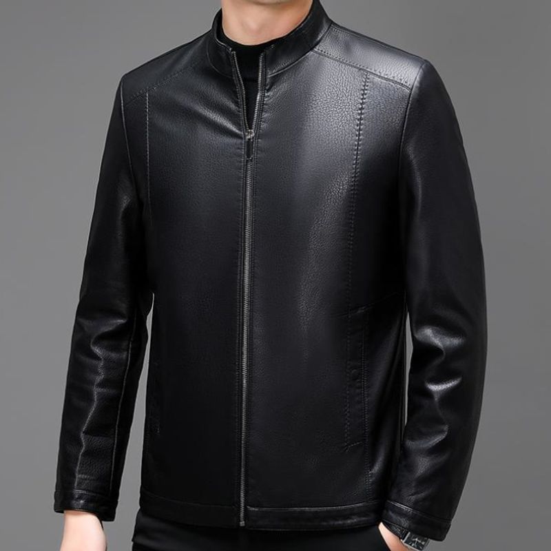 2024 Latest Design Autumn Business Trendy Basics Standing Collar Zipper Black Men Leather Jacket_voghion.com