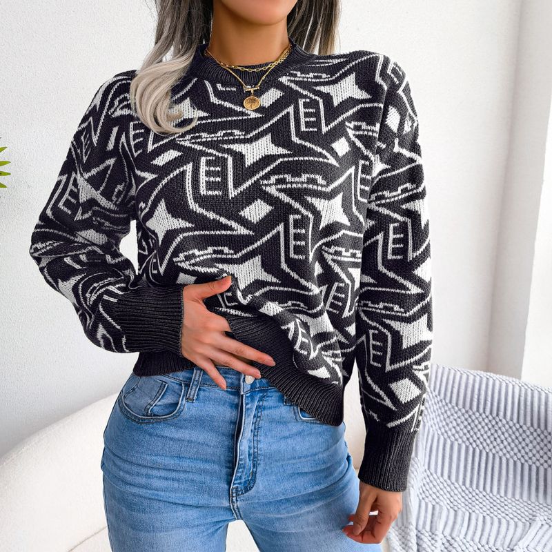 Damenbekleidung Ins Style Real Shot Herbst und Winter Farbkontrast Stern Langarm lässig gestrickter Pullover unabhängige Station Damenbekleidung_voghion.com