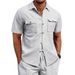 Men's Waffle Short Sleeved Casual Solid Color Lapel Button Pocket Versatile Shirt_voghion.com