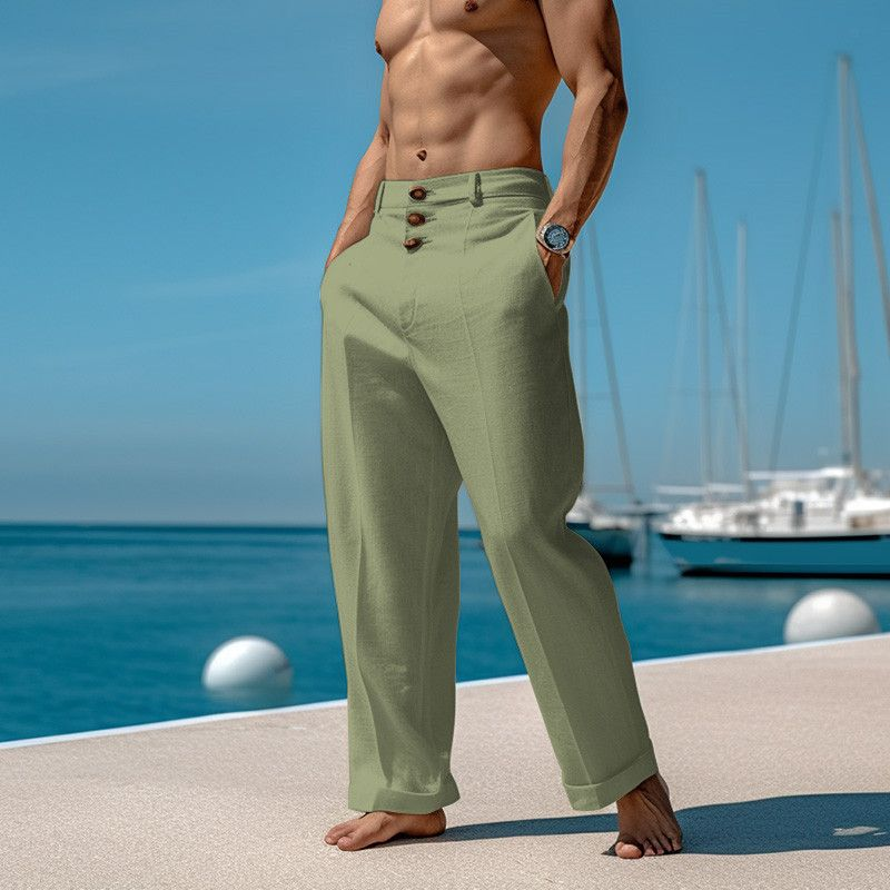 Herrenbekleidung Leinenhose Sommer Strandhose Einfarbig Bequem Atmungsaktiv Lässig Täglich Urlaub Außenhandel Baumwolle_voghion.com