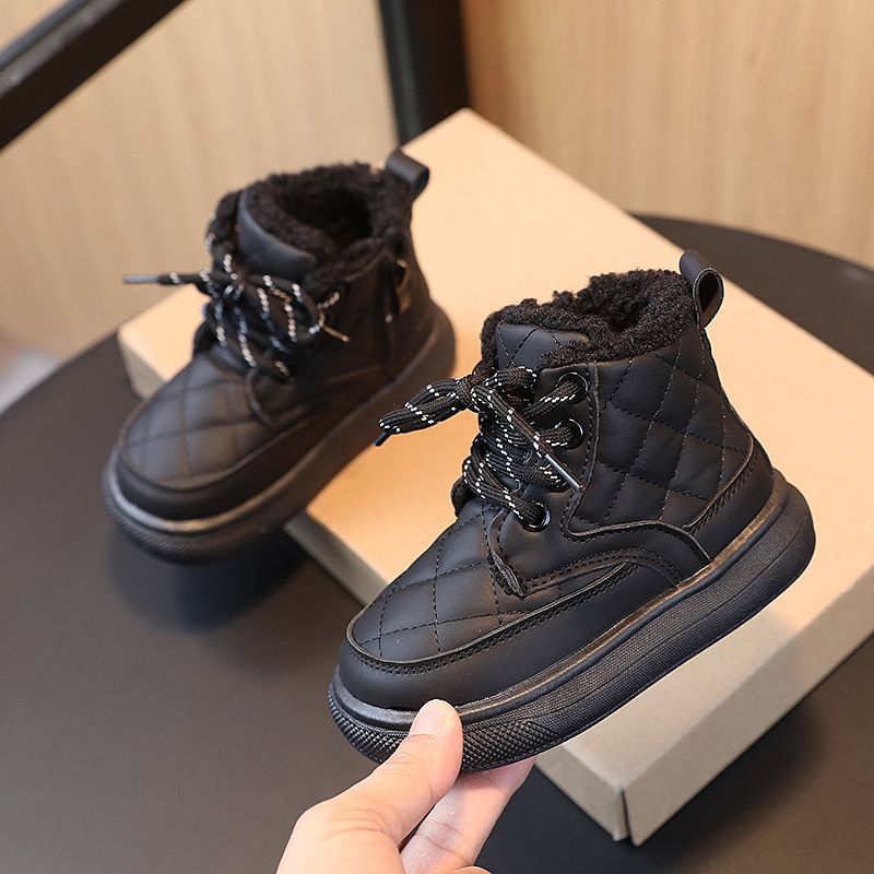 XUANMU Kinder Winter Dicke Warme Martin Stiefel Plaid Leder Schnee Stiefel Jungen und Mädchen Rutschfeste Wasserdichte Plüsch Casual Schuhe Z0011_voghion.com