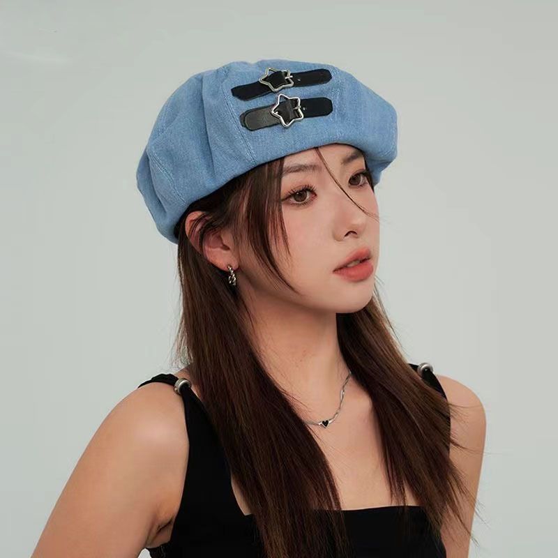 Sweet Denim Beret Hat - Oversized Painter Cap (Adjustable Headband For Big Head Flattering Face-Framing Design Versatile For Casual & Artistic Looks)​_voghion.com