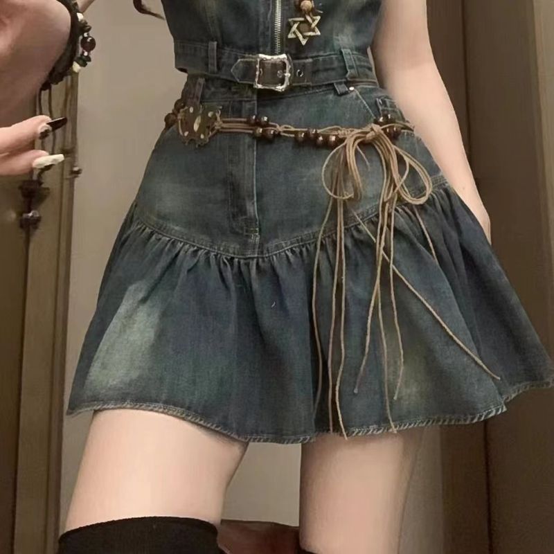 Jupe courte plissée taille haute en denim chic et tendance pour l'été, haut sans manches, nouvelle collection_voghion.com