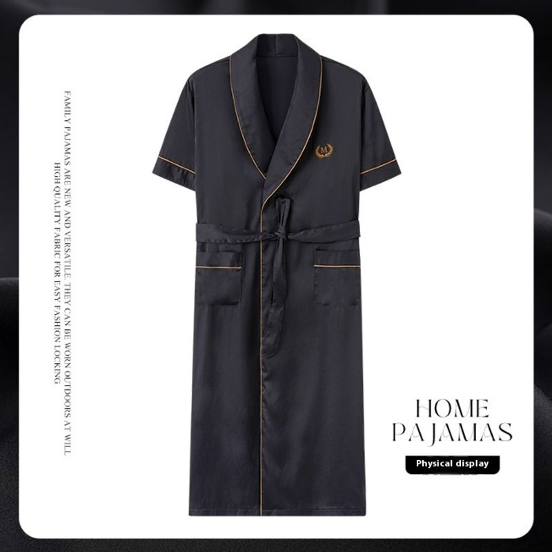 2024 new ice silk nightgown spring and summer men's home wear simple casual short sleeved kimono pajamas_voghion.com