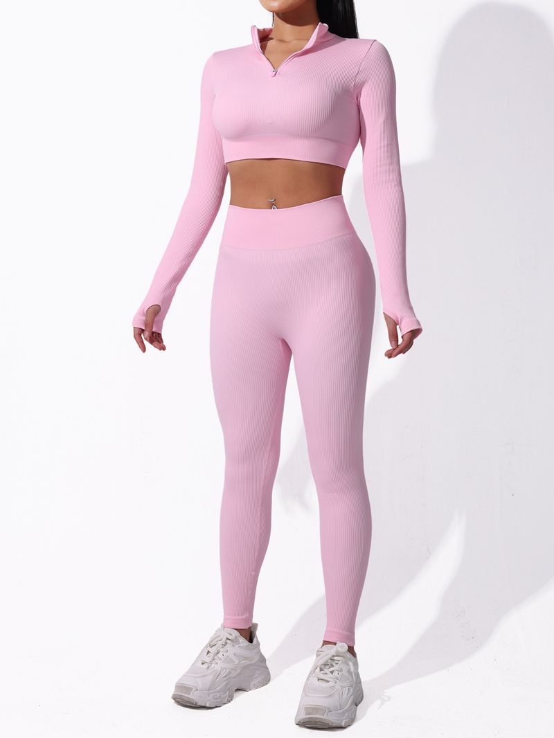 Damenbekleidung Reißverschlussfaden Yogaanzug Laufen Fitness Enger halboffener Pullover Sport Langarmanzug_voghion.com