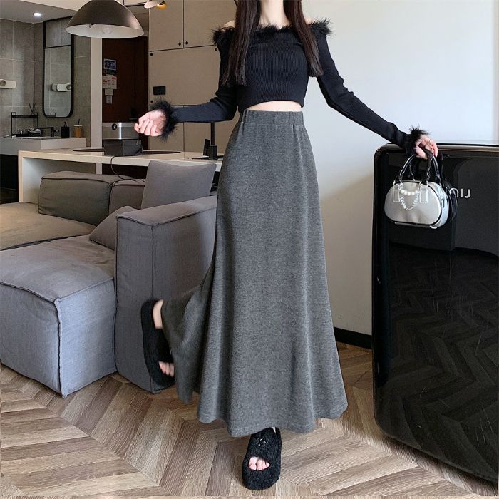 Gonna a coda di pesce in maglia da donna, primavera, taglia grande, spessa, in mm, sensazione di alta qualità, gonna sottile a vita alta, sensazione di vita elastica e sensazione di caduta_voghion.com