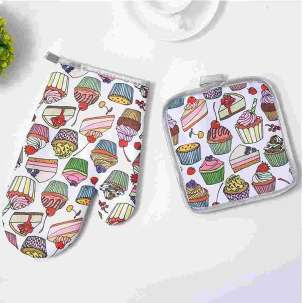 2er-Set Mikrowellenhandschuhe, Topflappen, Backhandschuhe mit niedlichem Cartoon-Motiv, rutschfest, aus Polyester, hitzebeständig, ideal zum Kochen, Backen und Grillen._voghion.com