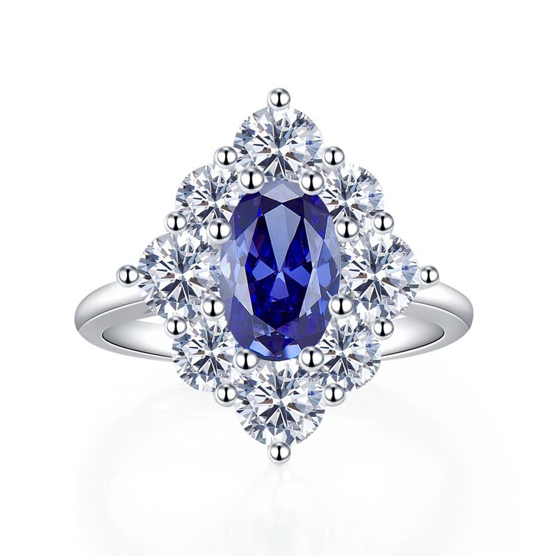 Anello di fidanzamento in argento sterling con pietra di zaffiro blu coltivata in laboratorio e diamanti per donna_voghion.com