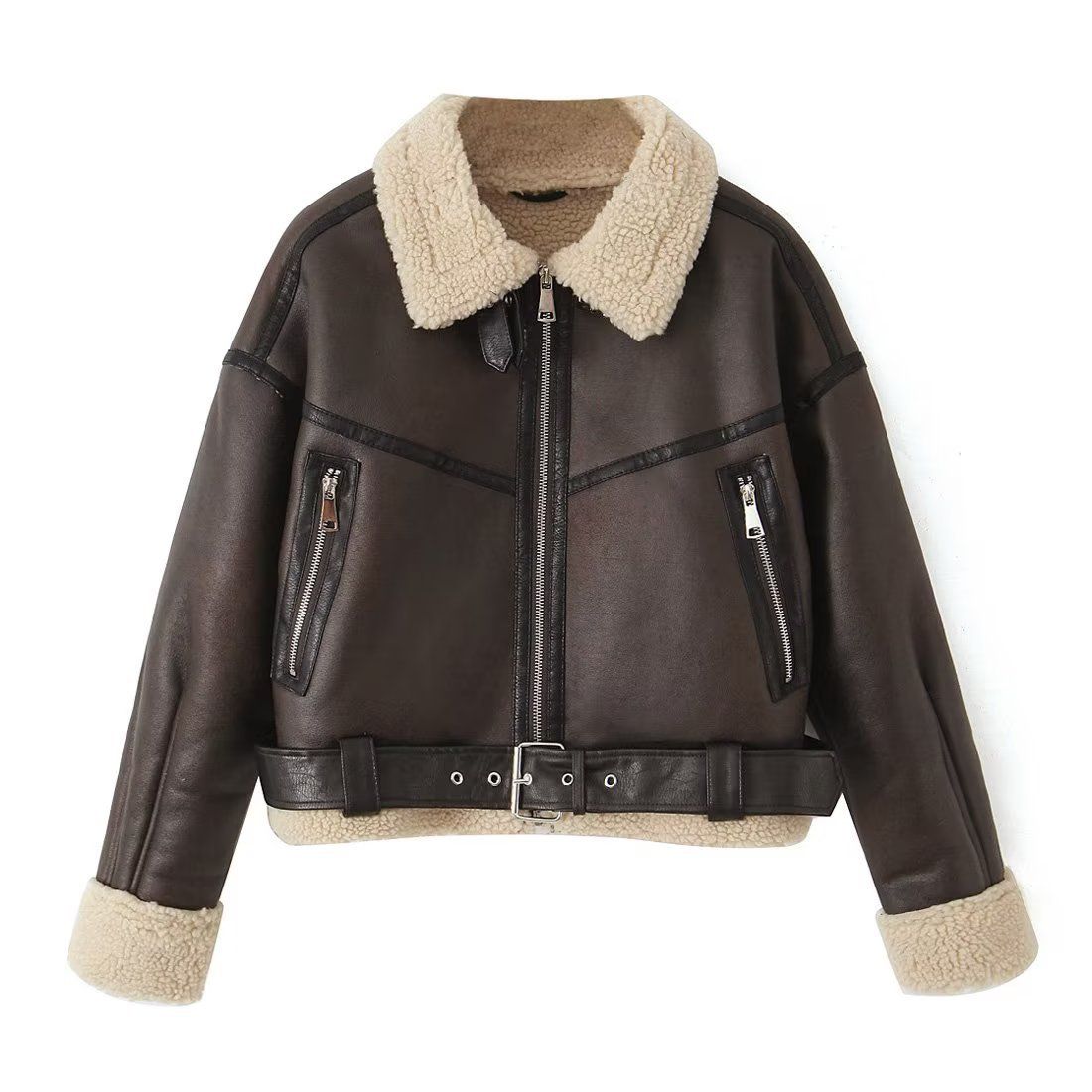 Blouson aviateur en fausse fourrure pour femme - Manteau court streetwear tendance avec col à revers, style gothique, coupe ample, fermeture éclair, marron foncé_voghion.com
