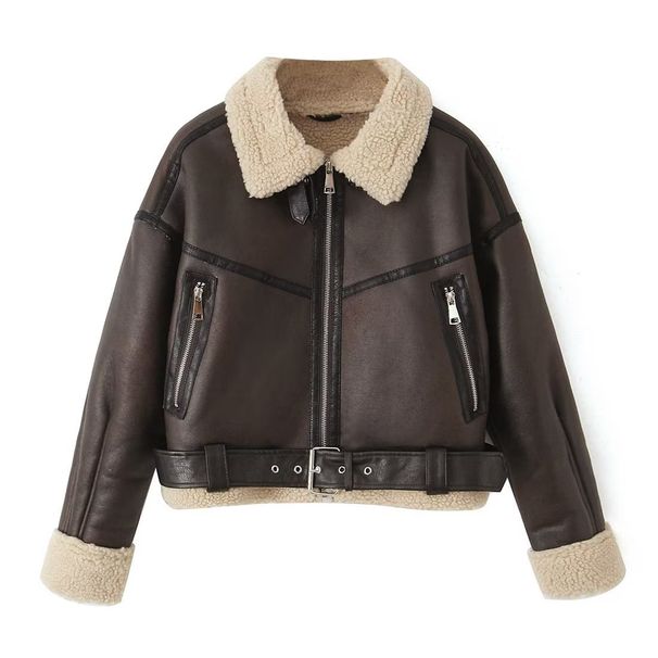 Blouson aviateur en fausse fourrure pour femme - Manteau court streetwear tendance avec col à revers, style gothique, coupe ample, fermeture éclair, marron foncé_voghion.com