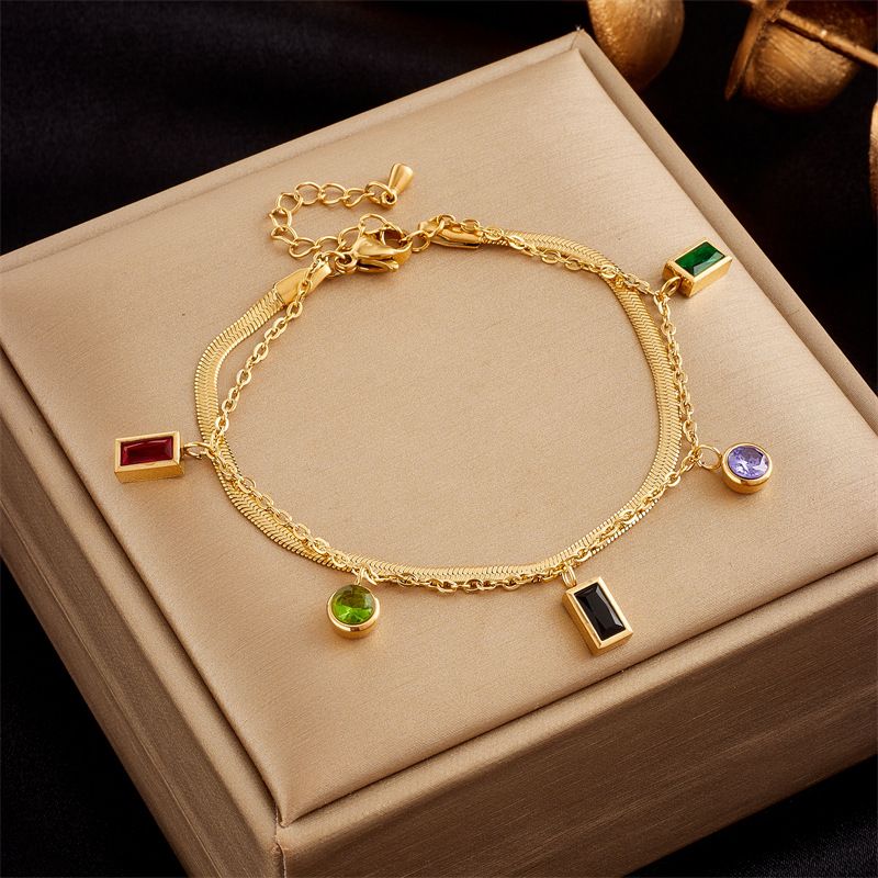 Unisex colorful geometric irregular diamond-studded titanium steel pendant double-layer chain simple versatile jewelry bracelet_voghion.com