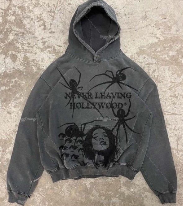 2023 Gothic Spider Print Herfst/Winter Pluche Amerikaanse Hoodie Pullover Y2K Trui_voghion.com