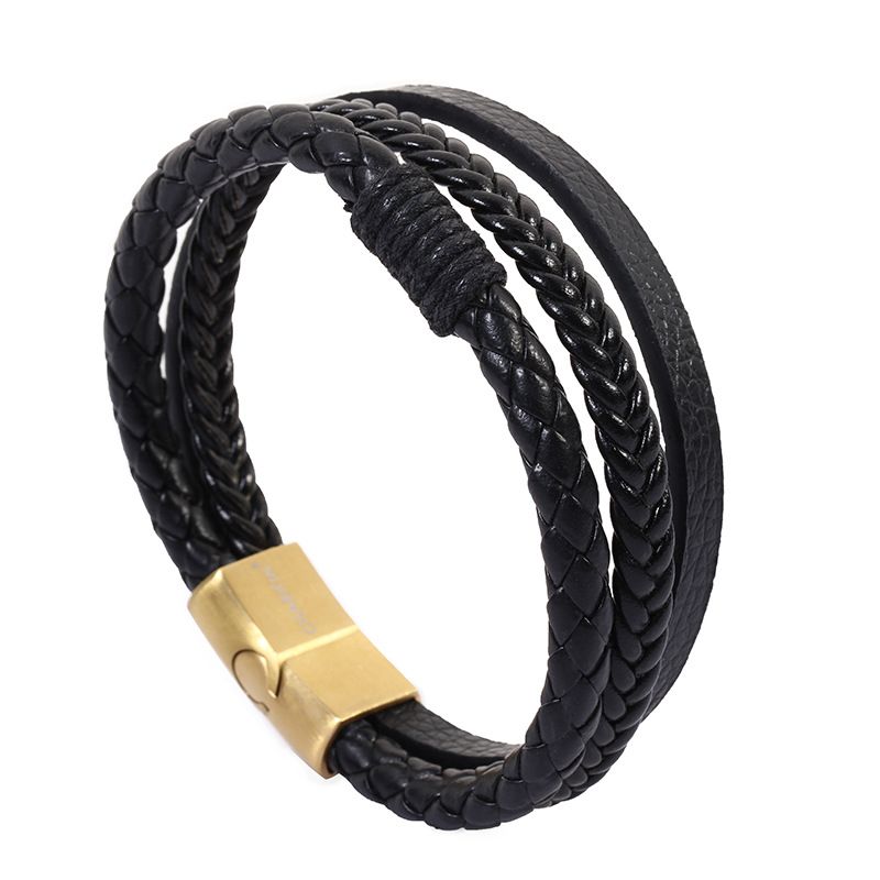 Bracciale in pelle multistrato con chiusura magnetica intrecciata in acciaio al titanio intrecciato alla moda_voghion.com