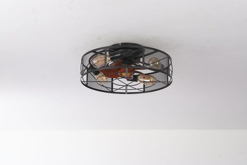 19 In. Indoor Black 6-Speed Flush Mount Caged Ceiling Fan With Light Kit And Remote Control_voghion.com