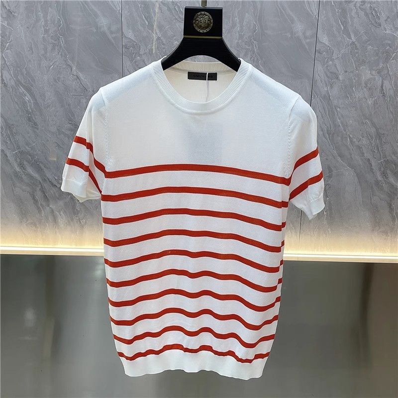 Men's Clothing 2024 Summer New Slim Fit Handsome Elastic Striped Round Neck Ice Silk Thin Short Sleeve T shirt Men's Knitted Half Sleeve_voghion.com