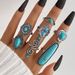 Böhmisches türkisfarbenes Blumenring-Set – 7-teilig Retro-Gelenkdesign Handschmuck Modetrends Verkaufsschlager Einfaches Metall_voghion.com