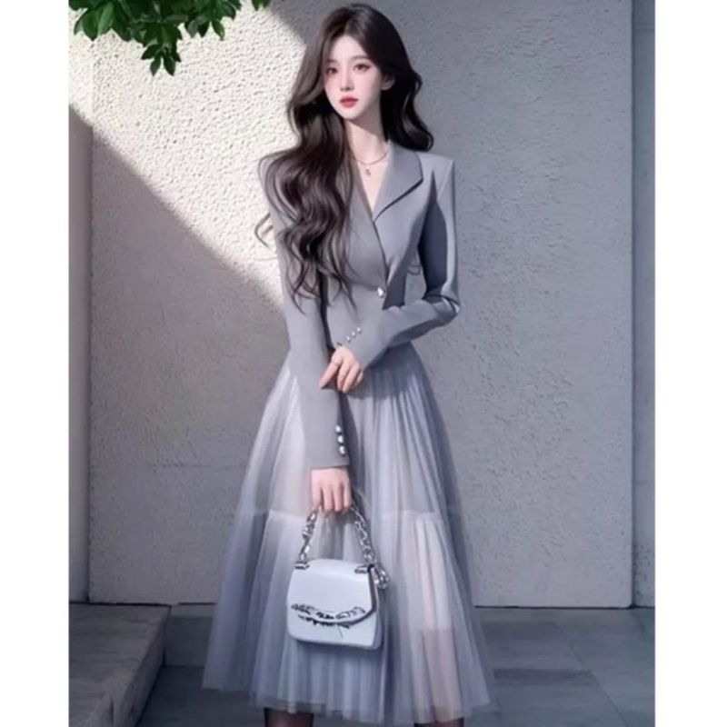 2025 Frühling Leichter Luxus High-End Elegante Prominente Kleine Stil Grau Blazer Mesh Halbrock Set_voghion.com