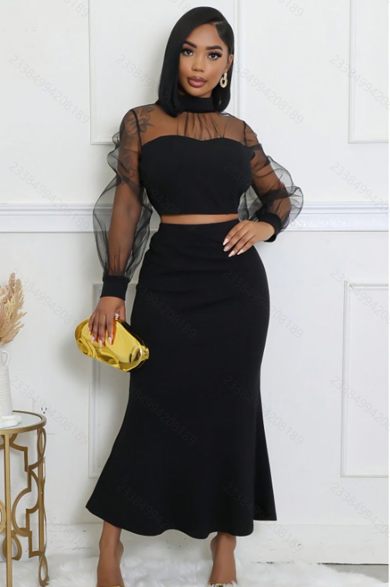 Abbigliamento da donna Moda femminile Eleganti top con giunture in rete Gonne lunghe tailleur_voghion.com
