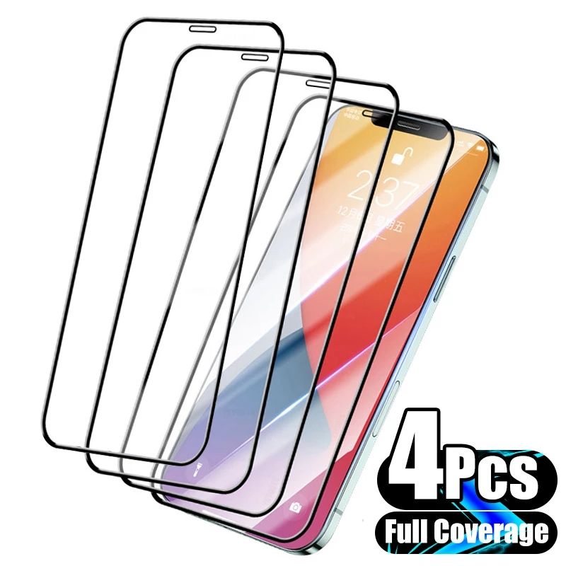 4Pcs Full Cover Tempered Glass On The For iPhone 15 14 13 12 11 Pro Max 13Mini 12Mini 15Plus Screen Protector iPhone X XR XSAMX 8 7 6 Plus SE2 Glass_voghion.com