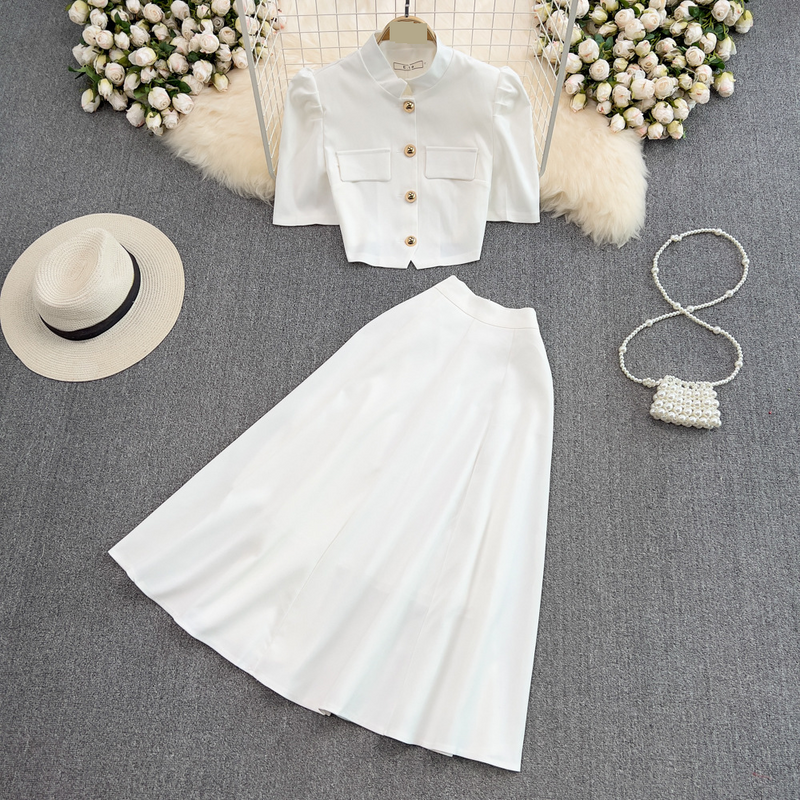Women's Clothing Ladylike Stand Up Collar Single Breasted Puff Sleeves Short Top Two Piece Suit High Waist Wide Swing Skirt Summer_voghion.com