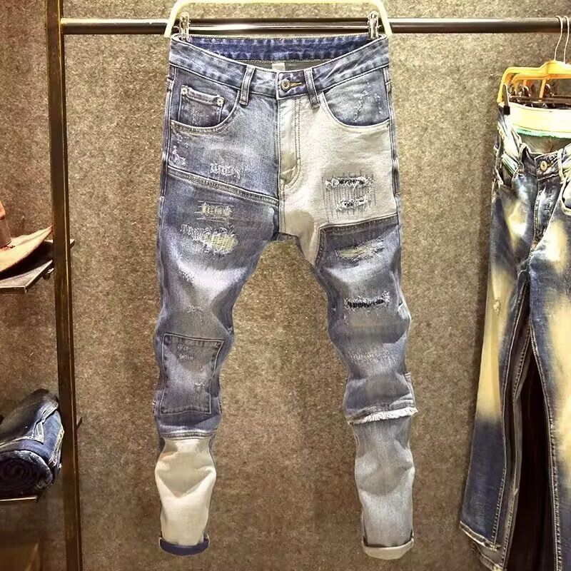 Men's Jeans Fashion Brand Retro Blue Slim Pants Trend Korean Version Of All Worn Patch Pants Men Do Old Pants Uhero_voghion.com