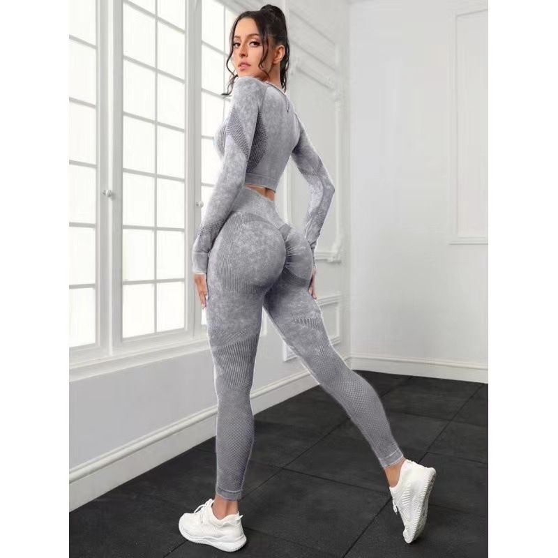 Nuevo conjunto deportivo ajustado de manga larga para yoga, lavado con agua, sin costuras, color melocotón_voghion.com