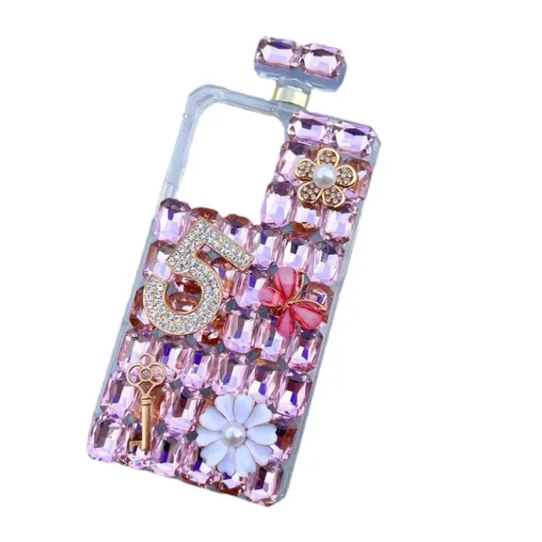 Handmade Perfume Bottle for iPhone 15, Diamond Rhinestone Case with Neck Strap, Bling Glitter Crystal, Shiny Clear_voghion.com