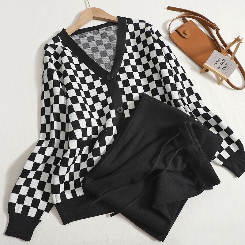 Women's Clothing new autumn and winter temperament V neck plaid knitted cardigan high waisted slimming wide leg pants trousers two piece suit_voghion.com