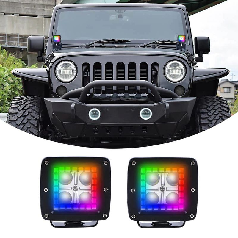 Luces de trabajo LED cuadradas de 12 W y 3" con anillo de halo RGB, 1 par, para jeeps, vehículos 4x4, camiones, motocicletas, SUV y vehículos todo terreno_voghion.com