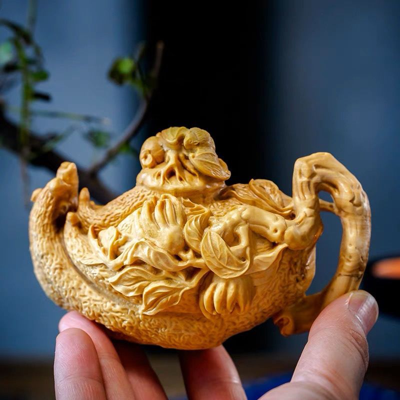 Boxwood Handheld Piece Solid Wood Carving Tea Pet Nafu Buddha Hand Teapot Home Decoration Chinese Style Craft Ornament_voghion.com