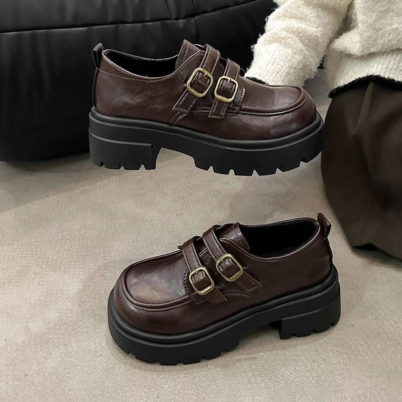 Thick soled loafers women 2025 spring new all-in-one increase brown retro British style with skirt small leather shoes_voghion.com