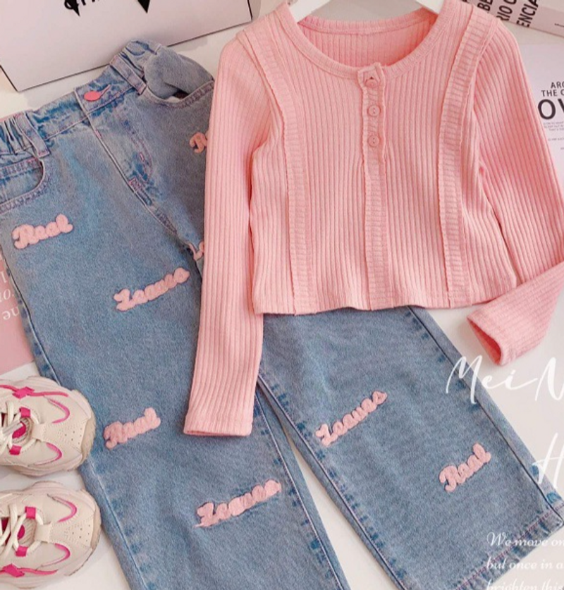 Kid's Clothing Children's clothing girls suits spring 2024 new girls long sleeved round neck waist tops jeans two piece suit_voghion.com