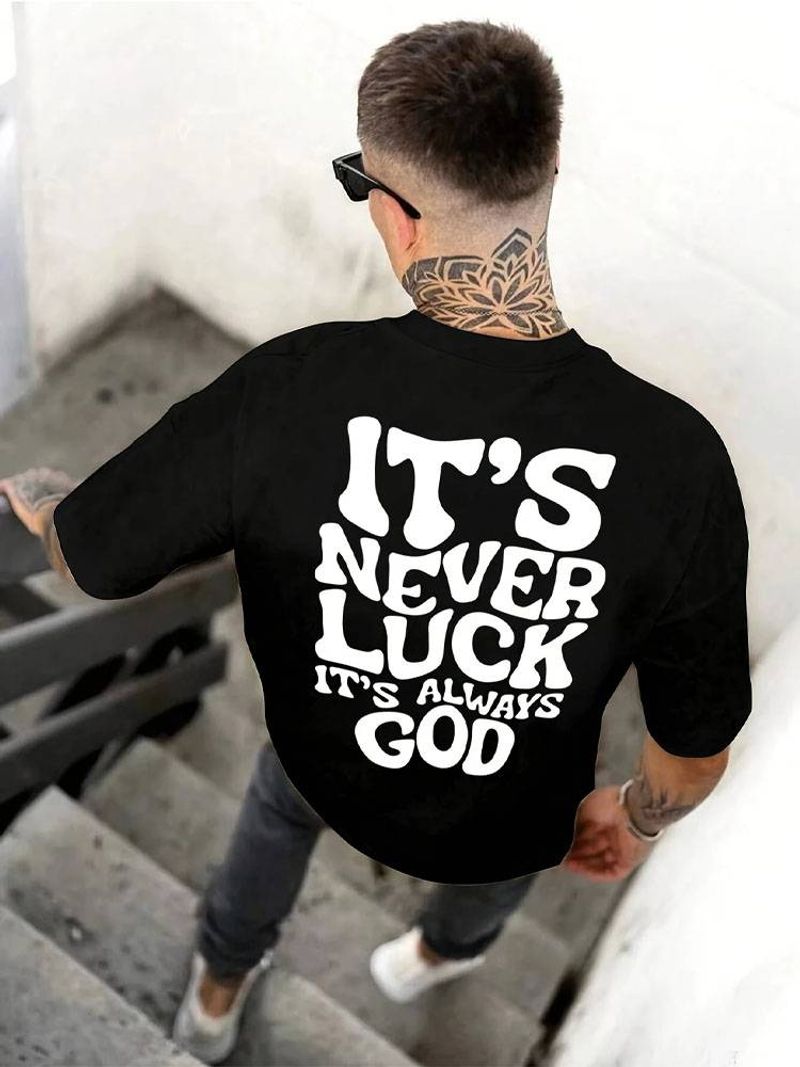 Men's Short Sleeve Crew Neck T-shirt, 240g Cotton, Casual Top, "It's Never Luck" Lettering, Summer T-shirt_voghion.com