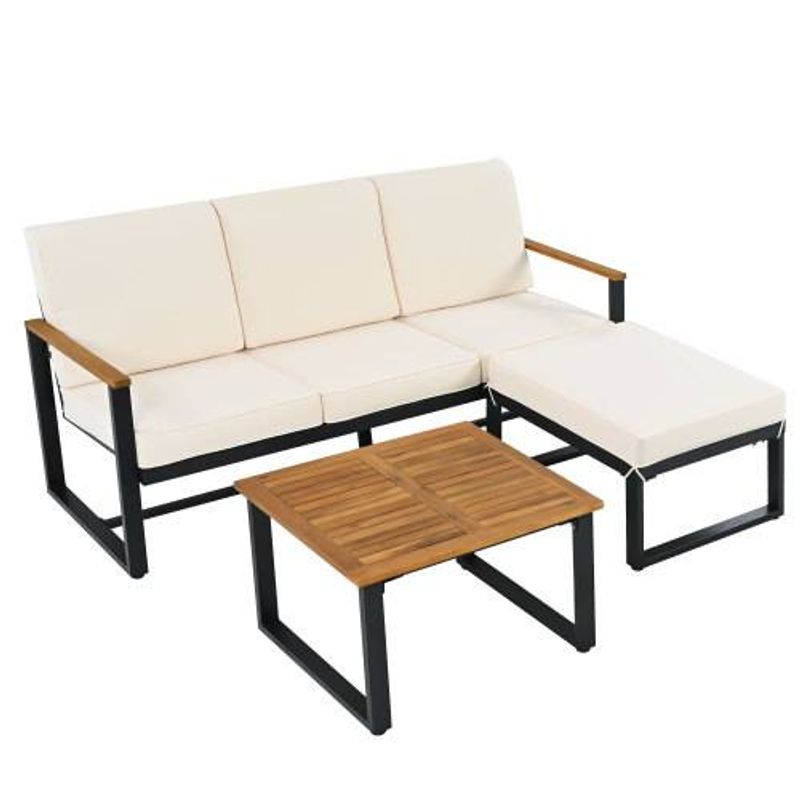 Garden Furniture Set, Corner Furniture, Sofa + Coffee Table + Armchair, Galvanized Steel Tube, Acacia Wood Table Top_voghion.com