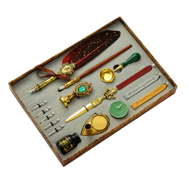 Feather Pen Set With Ink British Retro Dip Feather Pen Wax Seal Student Dip Pen_voghion.com