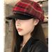 Women's Red Plaid Wool Octagonal Hat Leather Beret_voghion.com