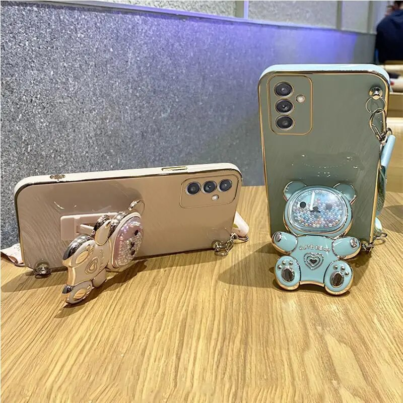 S 24plusQuicksand Bear Holder Lanyard Phone Case For Samsung Galaxy A25 A55 A15 A35 A04E 4G 5G S24 Ultra Strap Stand_voghion.com