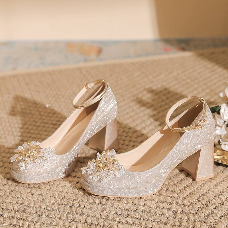 Damenschuhe Wasserdichte Plateau-High Heels Damen Dicke Absätze Quadratischer Kopf Brautschuhe Strass Temperament Hochzeitsschuhe Strass_voghion.com