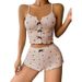 Sleepwears Nya produkter Hjärtformat tryckt Kontrastfärg Hemkläder Front Slit Suspender Pyjamas Set_voghion.com