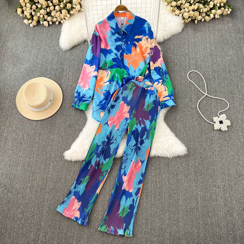 Costume de mode pour femmes, chemise ample décontractée à manches longues, ensemble deux pièces, taille haute, amincissant, imprimé tie-dye, pantalon large_voghion.com