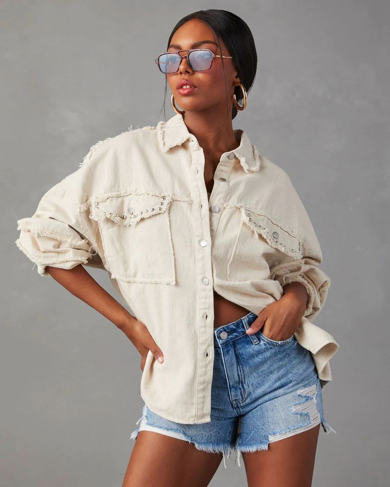 Women's Clothing Autumn Rivet Lapel Washed Shaggy Denim Jacket_voghion.com