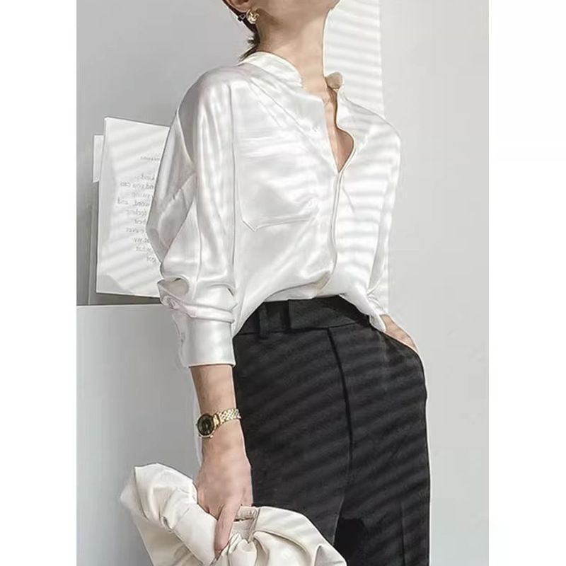 Camicia in raso di acetato di nicchia per abbigliamento femminile, camicia in seta bianca, semplice e di alta qualità, autunno nuovo_voghion.com
