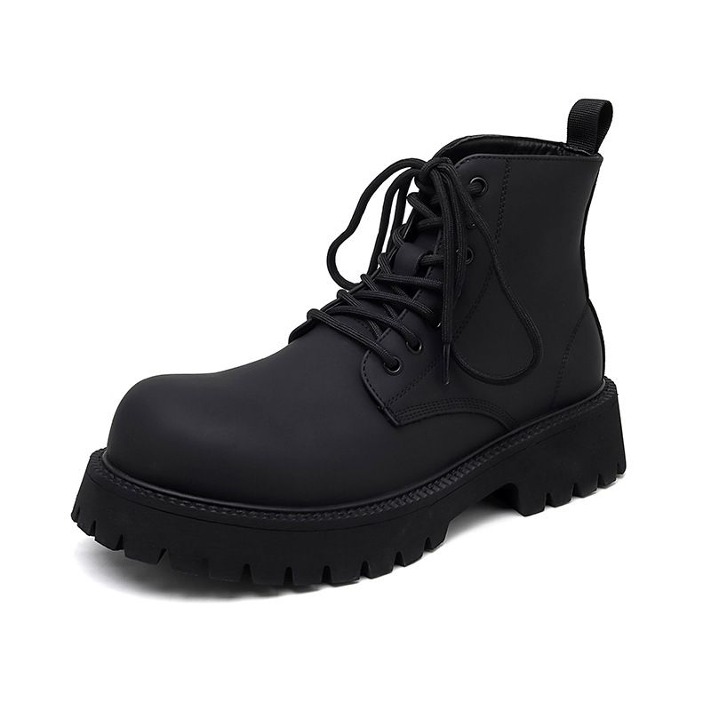 Martin Boots Men's Black High-top Leather Shoes Thick-soled Heightening Medium-top Retro Tooling Short Boots_voghion.com