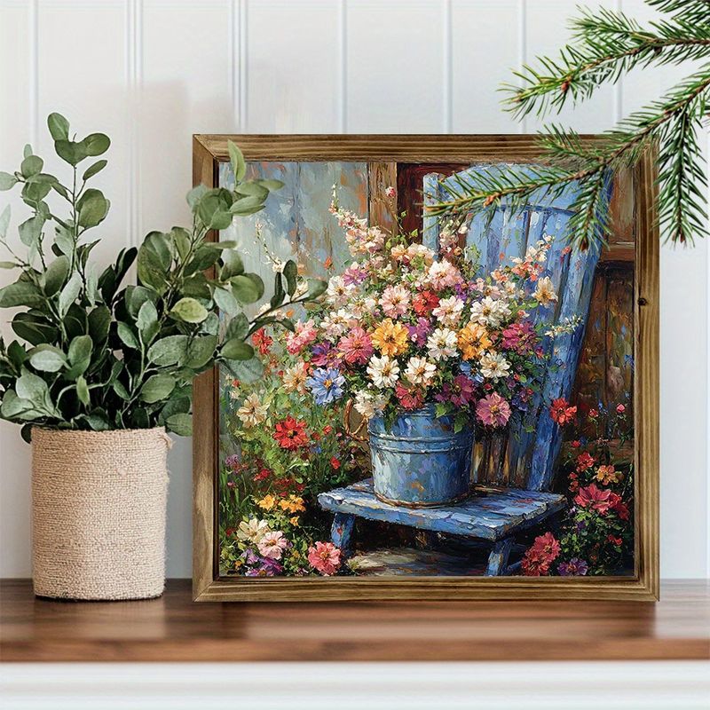 8x8" Frühlings-Blumen-Holzschild - Rustikaler blauer Stuhl, Bauernhaus-Dekor für Zuhause/Büro, perfektes saisonales Geschenk_voghion.com